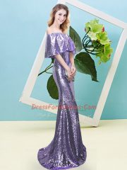 Classical Half Sleeves Sequined Floor Length Zipper Evening Dress in Lavender with Sequins