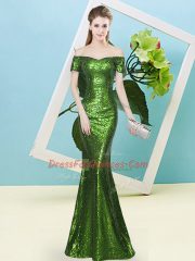 Affordable Off The Shoulder Short Sleeves Zipper Prom Dresses Sequined