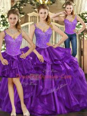 Graceful Sleeveless Organza Floor Length Lace Up Quinceanera Gown in Purple with Beading and Ruffles