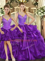 Graceful Sleeveless Organza Floor Length Lace Up Quinceanera Gown in Purple with Beading and Ruffles