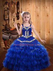 Floor Length Lace Up Little Girl Pageant Gowns Royal Blue for Party and Sweet 16 and Quinceanera with Embroidery and Ruffled Layers