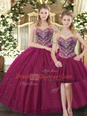 Spectacular Floor Length Fuchsia Sweet 16 Dresses Tulle Sleeveless Beading