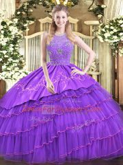 Floor Length Lavender Ball Gown Prom Dress Satin and Tulle Sleeveless Beading and Embroidery and Ruffled Layers