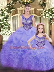 Lavender Lace Up Scoop Beading and Ruffles Ball Gown Prom Dress Organza Sleeveless