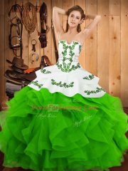 Glamorous Green Lace Up Quinceanera Gowns Embroidery and Ruffles Sleeveless Floor Length
