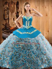 Sweetheart Sleeveless Satin and Fabric With Rolling Flowers Sweet 16 Dress Embroidery Sweep Train Lace Up