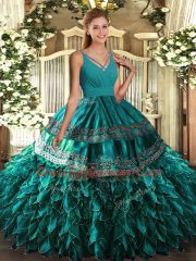 Hot Selling Teal Zipper Quinceanera Gown Beading and Ruffles Sleeveless Floor Length