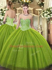 Free and Easy Sleeveless Floor Length Beading Lace Up Quinceanera Gown with Olive Green