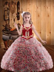 Red Sleeveless Embroidery and Ruffles Floor Length Kids Formal Wear