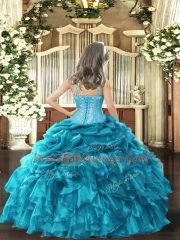 Nice Rust Red Lace Up Kids Pageant Dress Appliques and Ruffles Sleeveless Floor Length