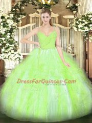 Glittering Yellow Green Ball Gowns Spaghetti Straps Sleeveless Organza Floor Length Zipper Ruffles Ball Gown Prom Dress