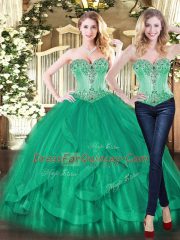 Eye-catching Turquoise 15 Quinceanera Dress Military Ball and Sweet 16 and Quinceanera with Beading and Ruffles Sweetheart Sleeveless Lace Up