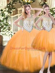 Cute Orange Red Three Pieces Scoop Sleeveless Tulle Floor Length Zipper Beading Quinceanera Dress