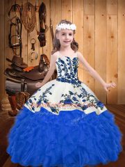 Straps Sleeveless Kids Pageant Dress Floor Length Embroidery and Ruffles Blue Organza