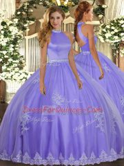 Dramatic Lavender Tulle Backless Halter Top Sleeveless Floor Length Ball Gown Prom Dress Beading and Appliques