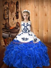 Custom Designed Embroidery and Ruffles Little Girl Pageant Dress Blue Lace Up Sleeveless Floor Length