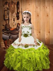 Straps Sleeveless Organza Little Girl Pageant Dress Embroidery and Ruffles Lace Up