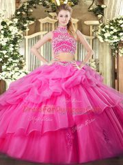 Hot Pink Two Pieces Beading and Ruffles and Pick Ups Quinceanera Dresses Backless Tulle Sleeveless Floor Length