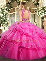 Hot Pink Two Pieces Beading and Ruffles and Pick Ups Quinceanera Dresses Backless Tulle Sleeveless Floor Length
