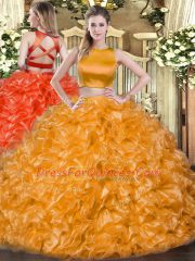 Fine Orange Red Tulle Criss Cross 15th Birthday Dress Sleeveless Floor Length Ruffles