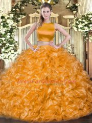 Fine Orange Red Tulle Criss Cross 15th Birthday Dress Sleeveless Floor Length Ruffles