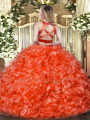 Fine Orange Red Tulle Criss Cross 15th Birthday Dress Sleeveless Floor Length Ruffles