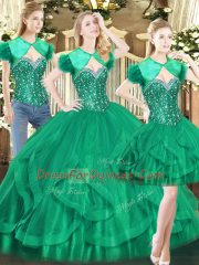Dark Green Ball Gowns Beading and Ruffles Quince Ball Gowns Lace Up Tulle Sleeveless Floor Length