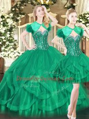 Dark Green Ball Gowns Beading and Ruffles Quince Ball Gowns Lace Up Tulle Sleeveless Floor Length