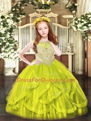 Sleeveless Floor Length Beading and Ruffles Zipper Little Girls Pageant Dress with Yellow Green