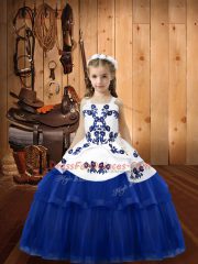 Blue Tulle Lace Up Little Girls Pageant Dress Wholesale Sleeveless Floor Length Embroidery