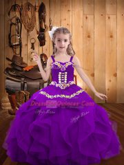 Straps Sleeveless Organza Child Pageant Dress Embroidery and Ruffles Lace Up