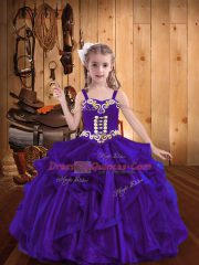 Floor Length Purple Child Pageant Dress Straps Sleeveless Lace Up