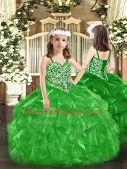 High End Floor Length Ball Gowns Sleeveless Green Little Girls Pageant Gowns Lace Up
