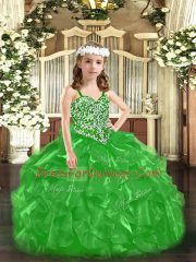 High End Floor Length Ball Gowns Sleeveless Green Little Girls Pageant Gowns Lace Up