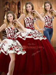 Glamorous Floor Length Wine Red Quinceanera Dresses Satin and Tulle Sleeveless Embroidery