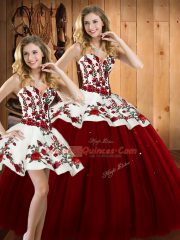 Glamorous Floor Length Wine Red Quinceanera Dresses Satin and Tulle Sleeveless Embroidery