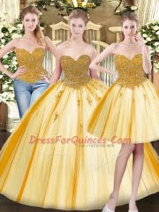 Floor Length Ball Gowns Sleeveless Gold Quinceanera Dress Lace Up