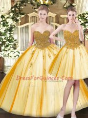 Floor Length Ball Gowns Sleeveless Gold Quinceanera Dress Lace Up