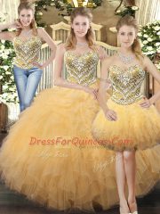 Gold Ball Gowns Tulle Sweetheart Sleeveless Beading and Ruffles Floor Length Lace Up Quinceanera Dresses