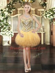 Gold Ball Gowns Tulle Sweetheart Sleeveless Beading and Ruffles Floor Length Lace Up Quinceanera Dresses