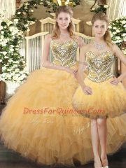 Gold Ball Gowns Tulle Sweetheart Sleeveless Beading and Ruffles Floor Length Lace Up Quinceanera Dresses