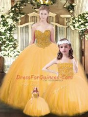 Fantastic Sleeveless Tulle Floor Length Lace Up Ball Gown Prom Dress in Gold with Beading
