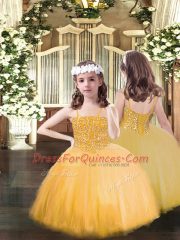Fantastic Sleeveless Tulle Floor Length Lace Up Ball Gown Prom Dress in Gold with Beading