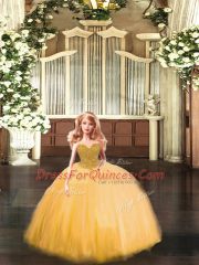 Fantastic Sleeveless Tulle Floor Length Lace Up Ball Gown Prom Dress in Gold with Beading