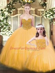 Fantastic Sleeveless Tulle Floor Length Lace Up Ball Gown Prom Dress in Gold with Beading