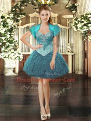 Pretty Beading and Ruffles Quinceanera Gown Teal Lace Up Sleeveless Floor Length