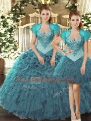 Pretty Beading and Ruffles Quinceanera Gown Teal Lace Up Sleeveless Floor Length