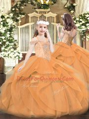 Orange Ball Gowns Beading and Ruffles Kids Pageant Dress Lace Up Tulle Sleeveless Floor Length