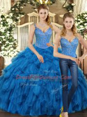 Straps Sleeveless Lace Up Ball Gown Prom Dress Teal Organza