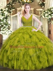 Tulle V-neck Sleeveless Zipper Beading and Ruffles Quinceanera Dresses in Olive Green
